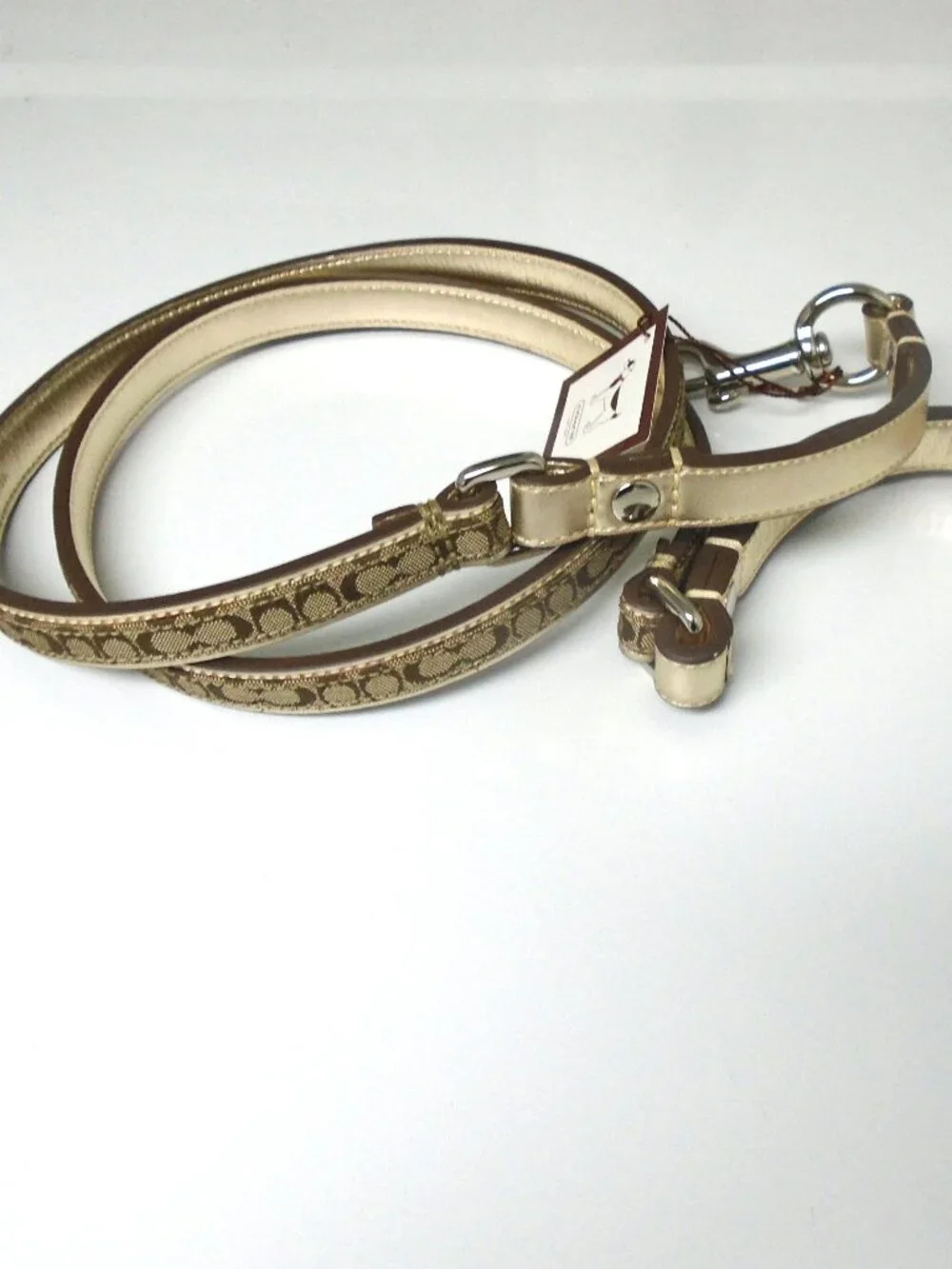 COACH GOLD LEATHER BROWN JACQUARD SIGNATURE C DOG PET COLLAR LEASH SET SIZE XS